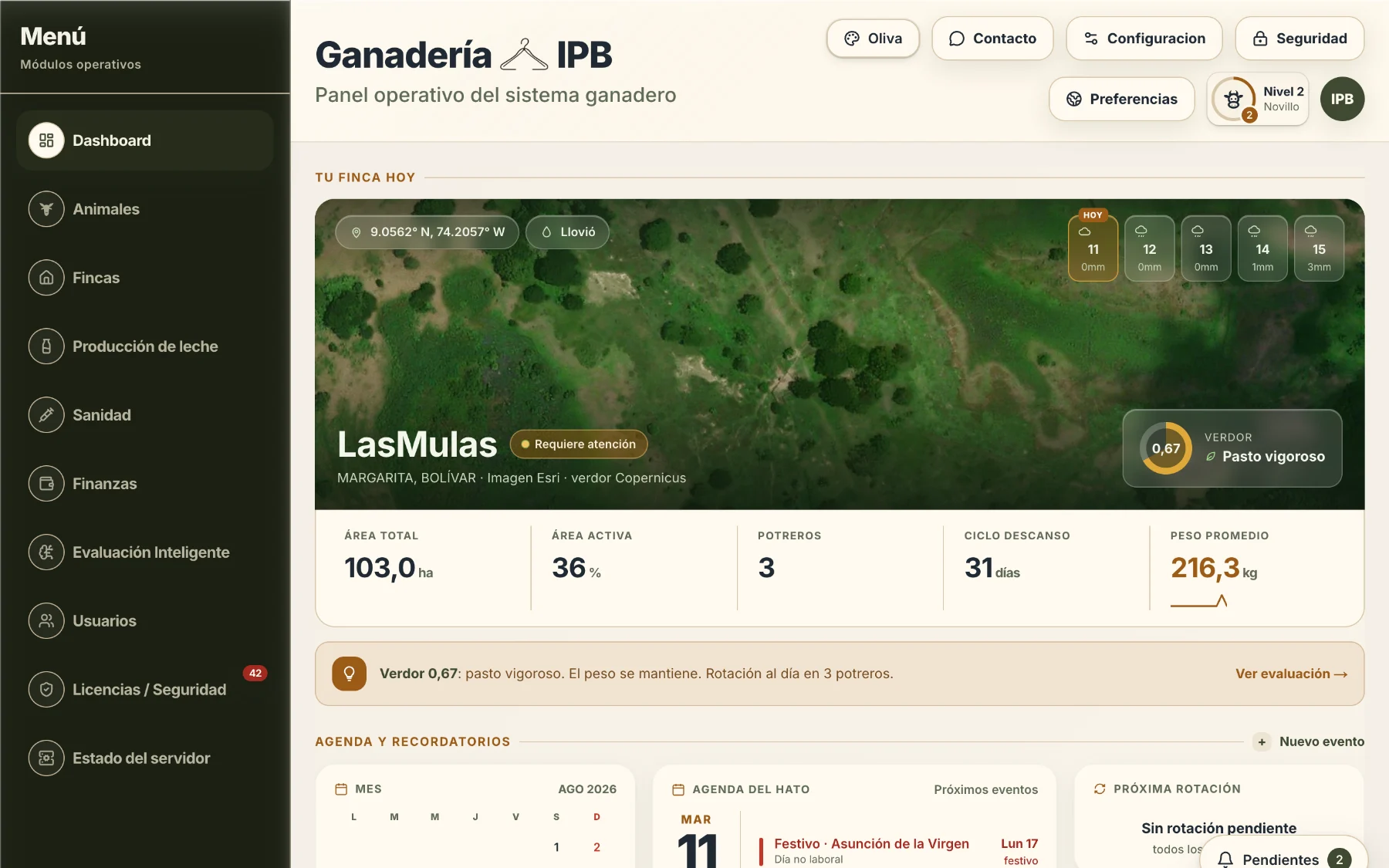 Panel real de Ganadería IPB: finca con imagen satelital, verdor, lluvia y agenda