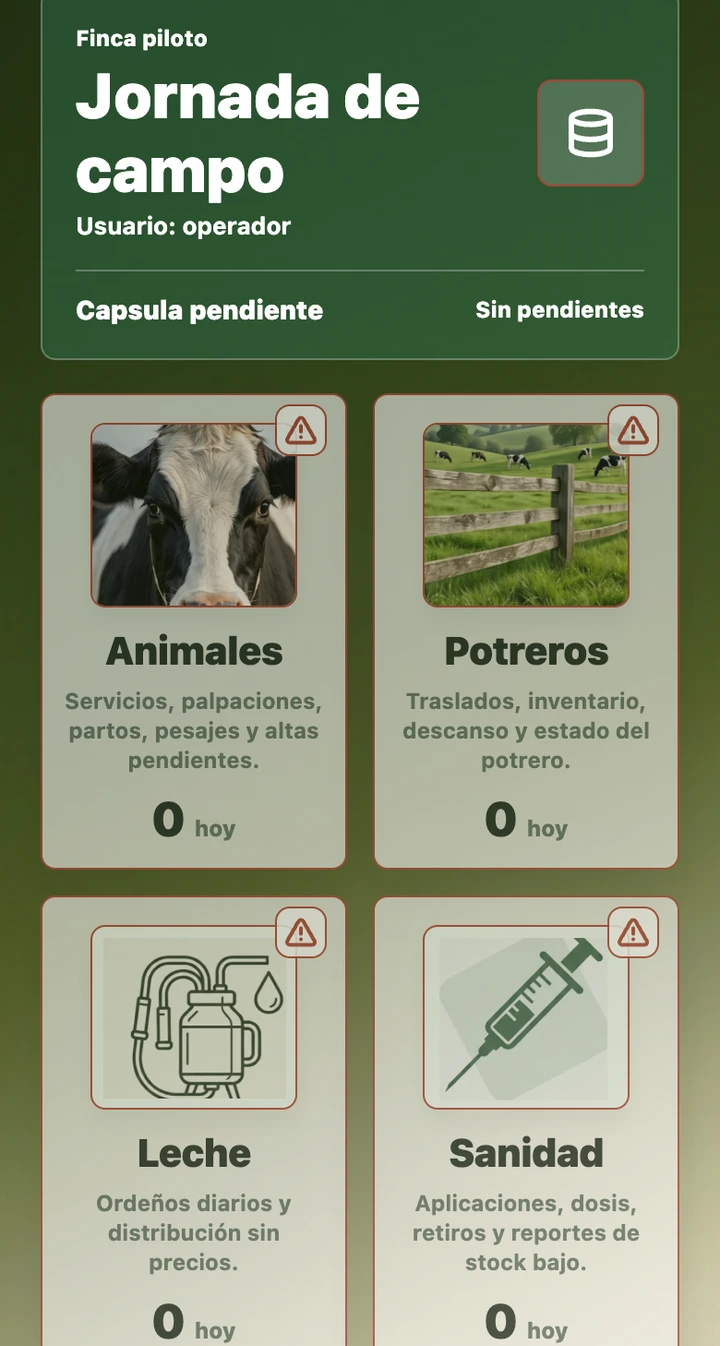 Pantalla real de la app móvil Ganadería IPB para operador de campo